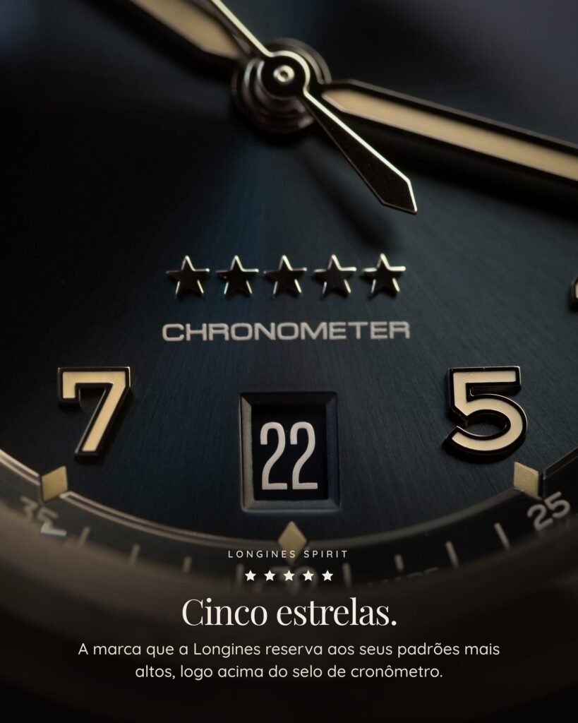 Cinco estrelas e selo Chronometer do Longines Spirit L3.410.4.93.0