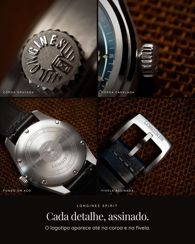 Coroa, fundo e fivela assinados do Longines Spirit L3.410.4.93.0
