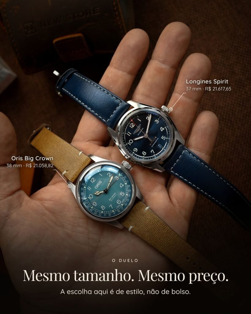 Longines Spirit L3.410.4.93.0 e Oris Big Crown 01 754 7779 4065-Set na palma da mão